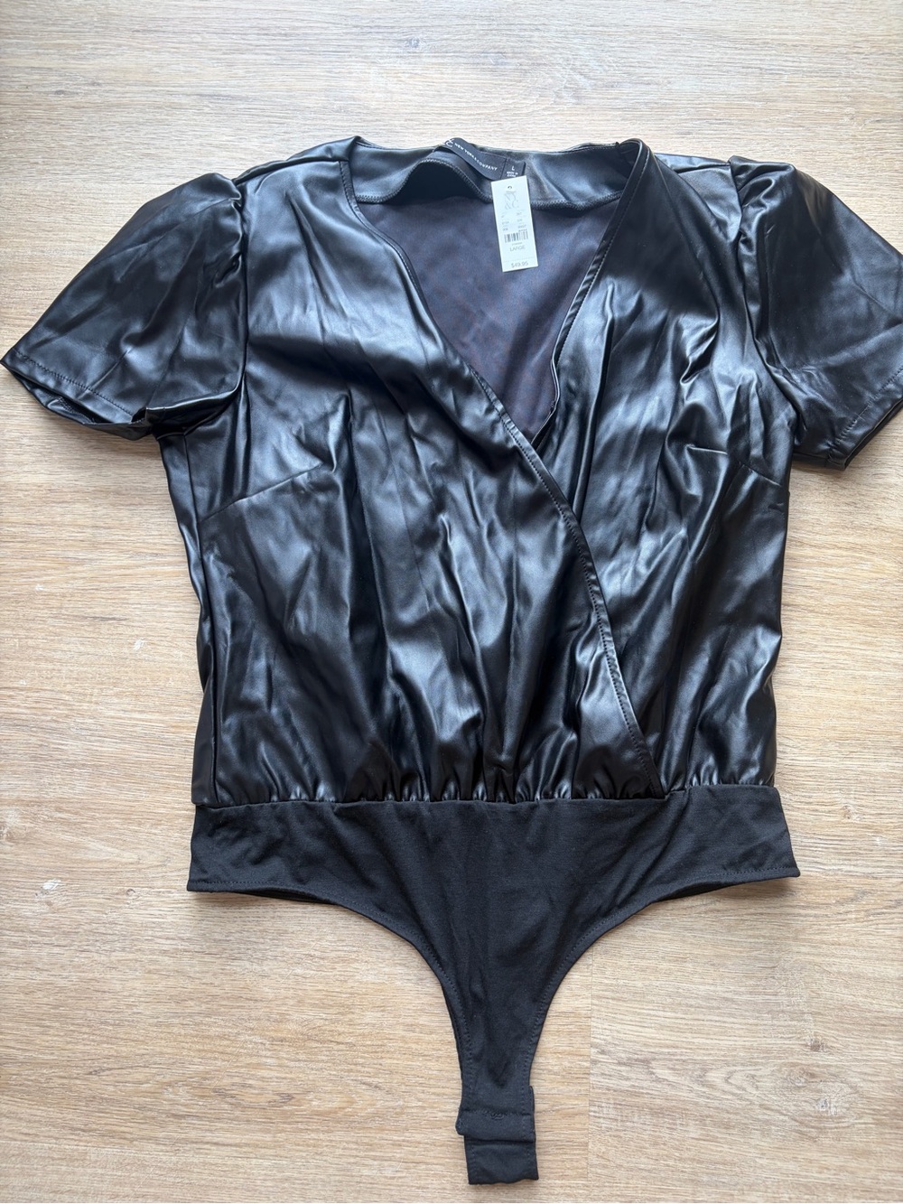 NWT New York & Company Faux Leather Wrap Bodysuit | Black | L